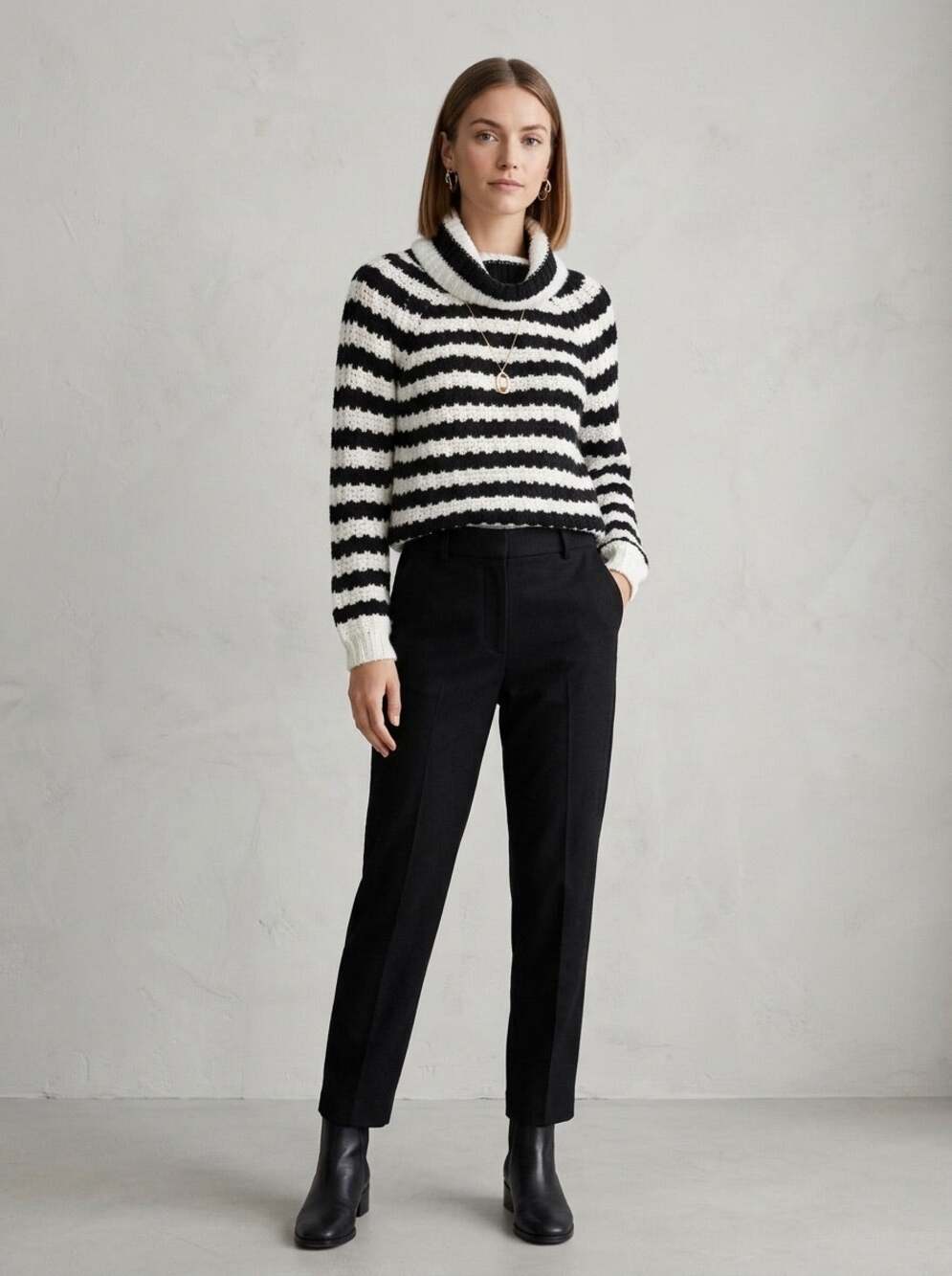 Black & white Stitch Stripe cowl Turtleneck Sweater